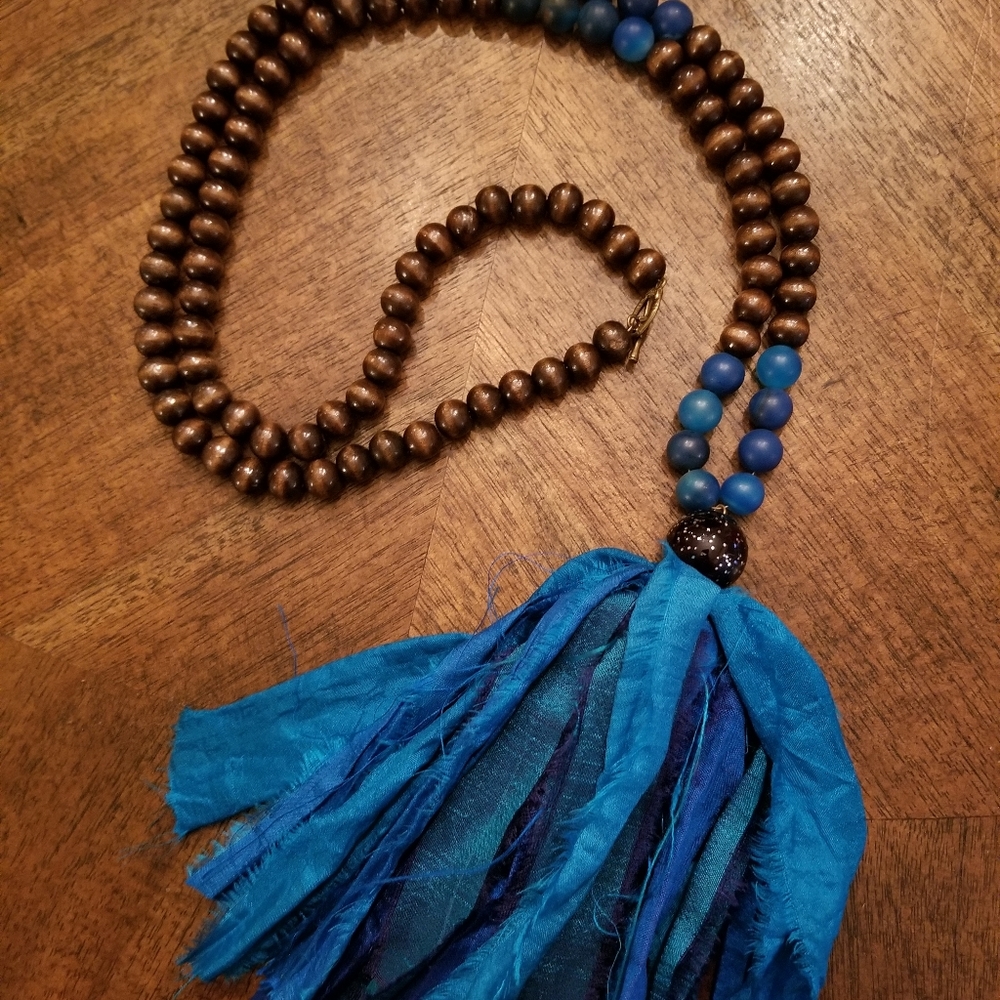Bohemian Handmade Wood Bead Silk Tassel Long Neckl